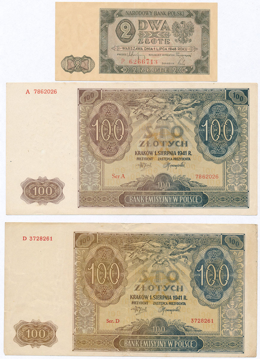 2 złote 1948, 100 złotych 1941, zestaw 3 banknotów